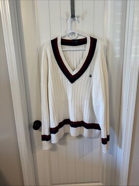 Brook’s Brothers Cream V-Neck Sweater with Burgundy & Navy Trim